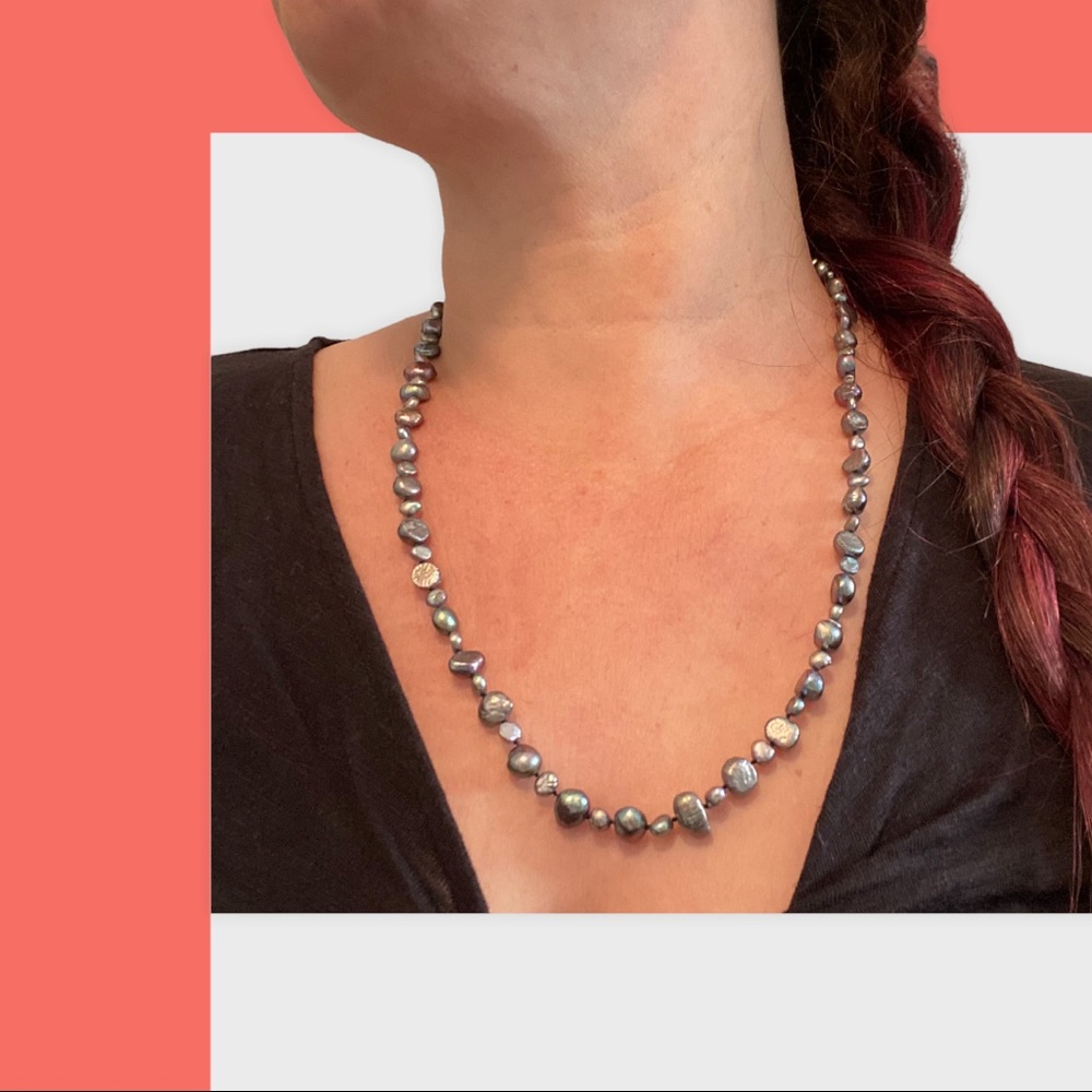 Hand Crafted Pearls Freshwater Necklace Silver Peacock Long Hand Knotted Silk - Picture 1 of 8